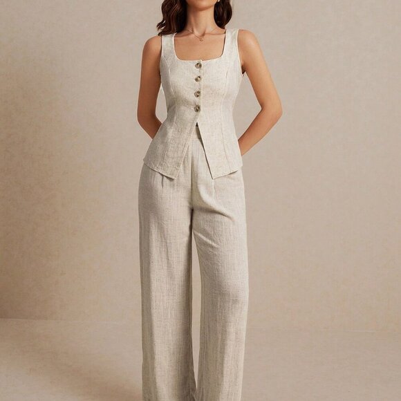 Khaki Casual Women's Summer Linen Color Linen Suit Vest Two-Piece Set - Picture 1 of 7